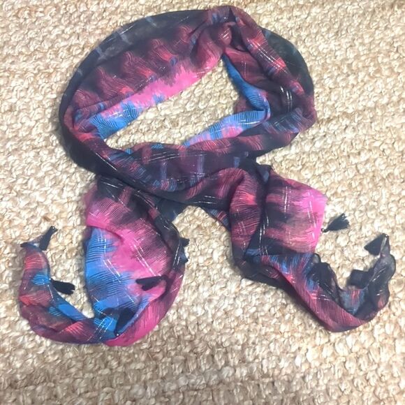KENSIE SCARF PLALD Wrap PINK TURQUOISE METALIC TASSLED LG - Picture 2 of 8